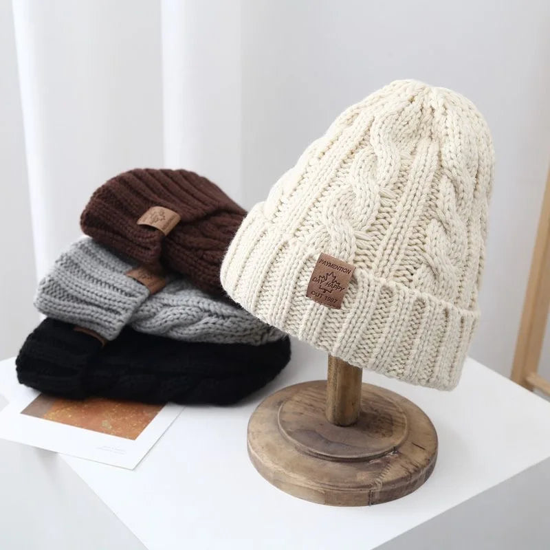 Bonnet chaud doublé unisexe en tricot motif feuille d’érable